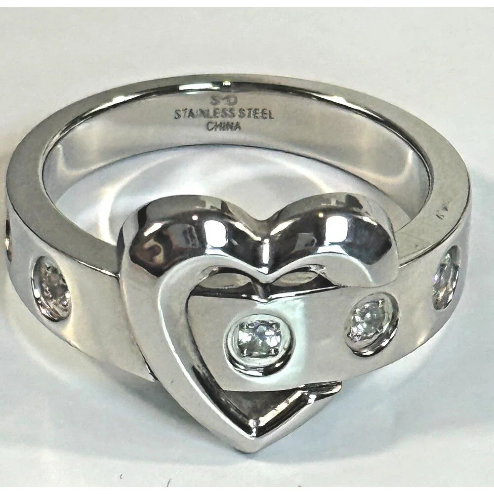 SMD Y2K Stainless Steel Crystal Heart Belt Buckle Ring Size 10 McBling